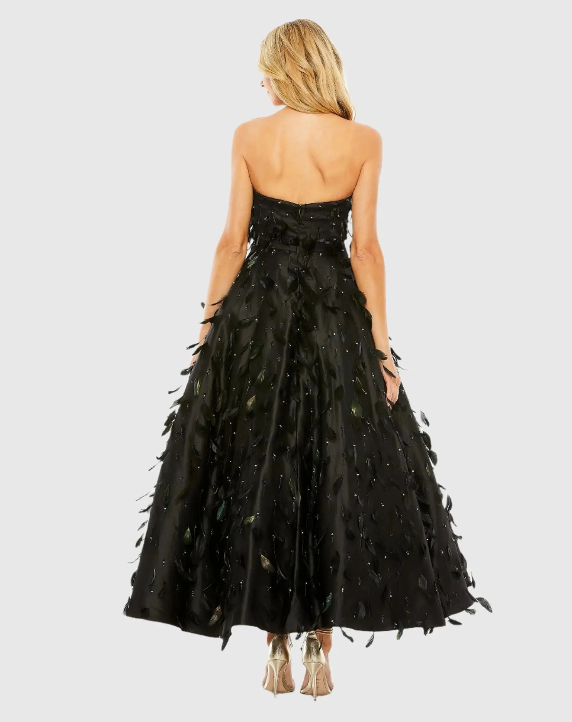 Black Strapless Feather Embellished Satin A-Line Dress