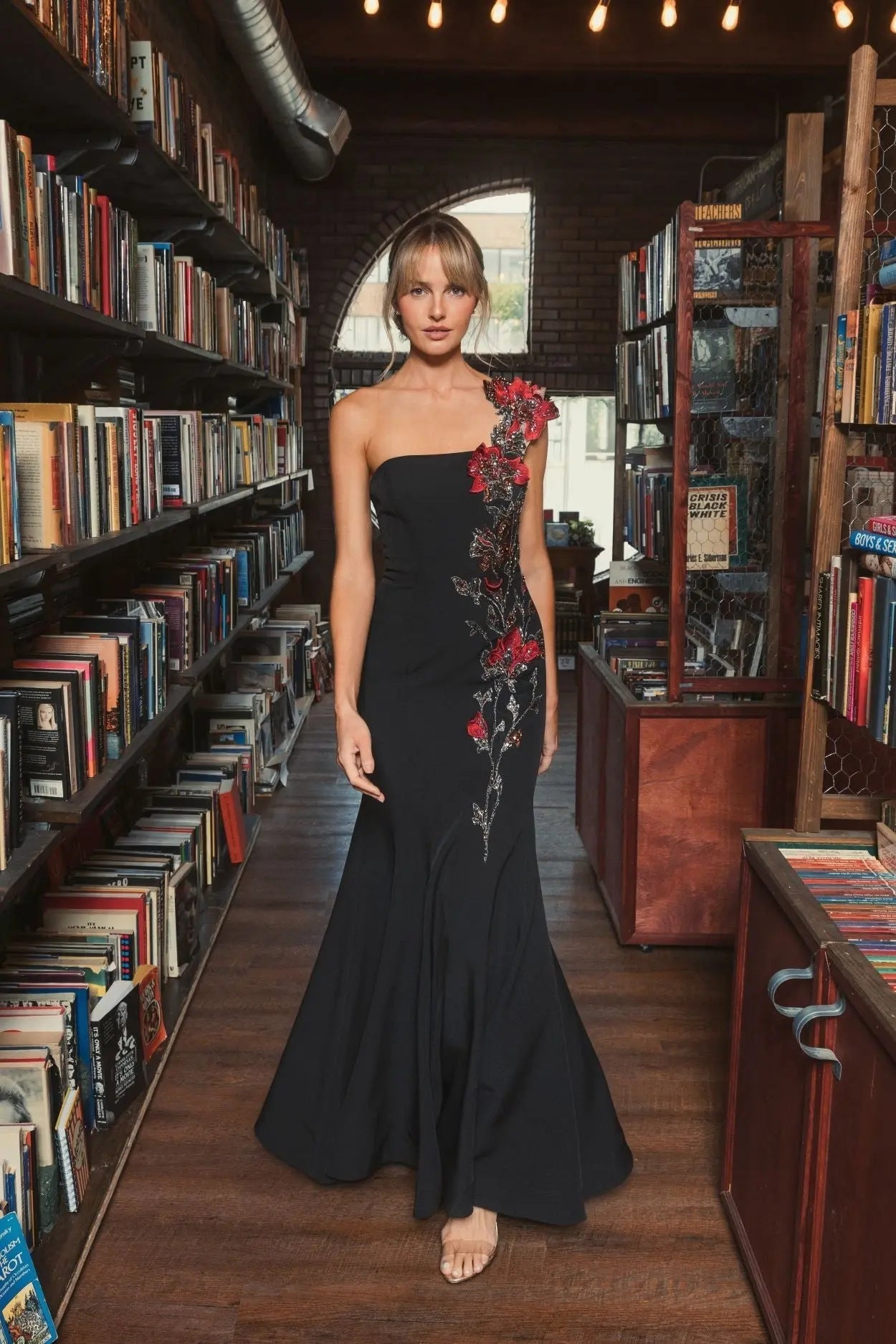 Black One Shoulder Embroidered Mermaid Gown