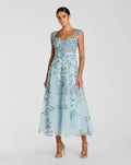 Blue Floral Embroidered Sweetheart Neckline Midi Dress