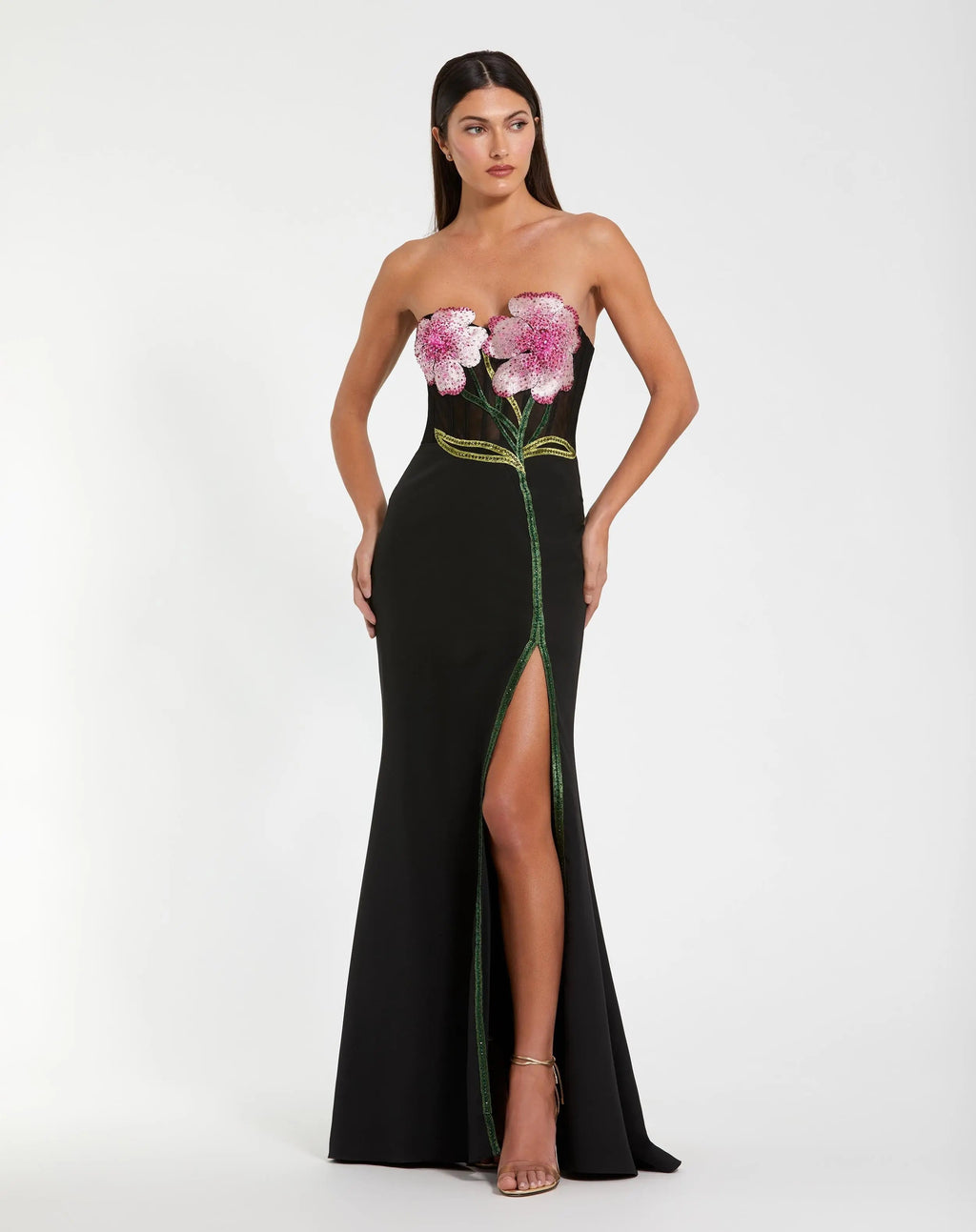 Black Strapless Sheer Embroidered Bustier Gown