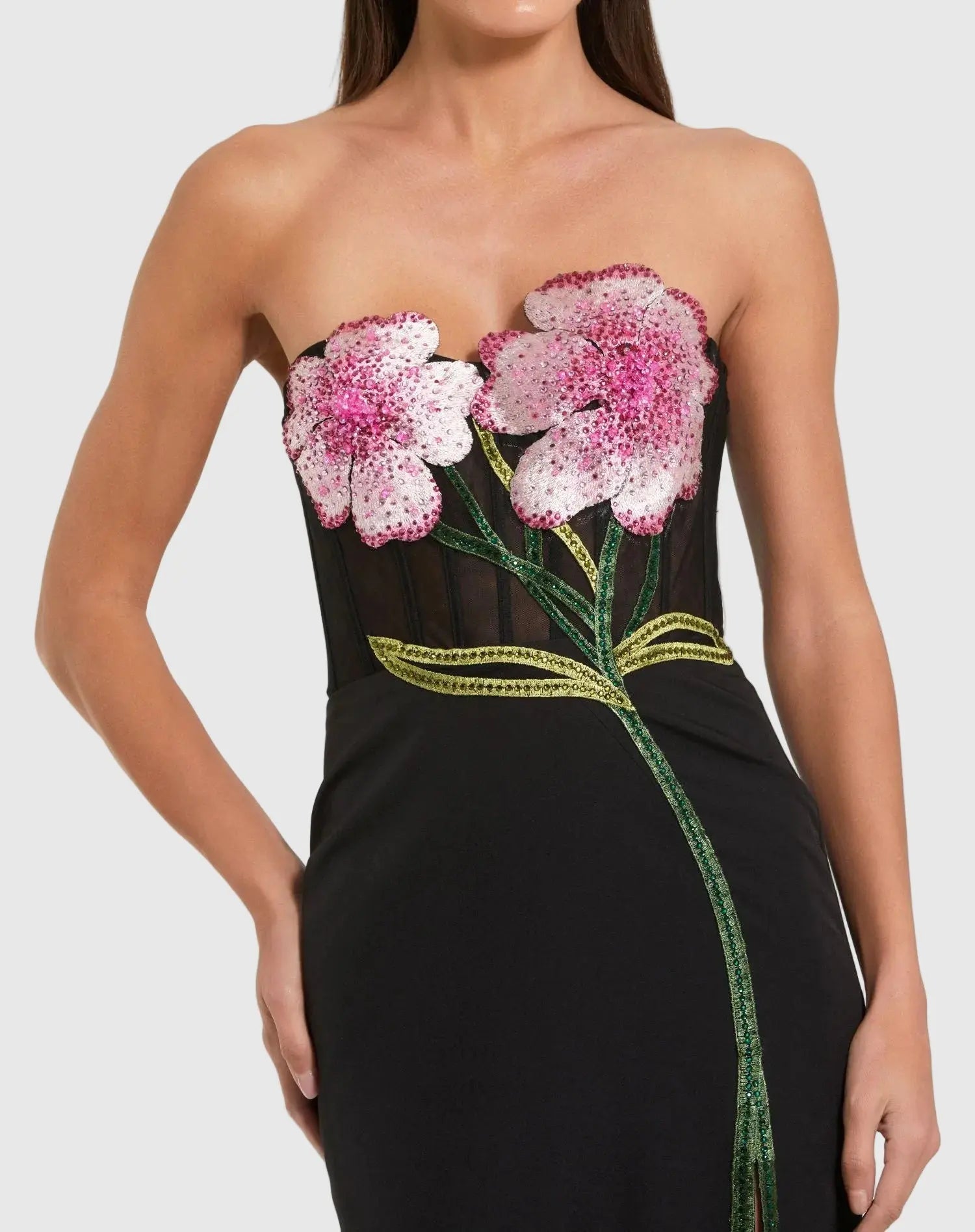 Black Strapless Sheer Embroidered Bustier Gown