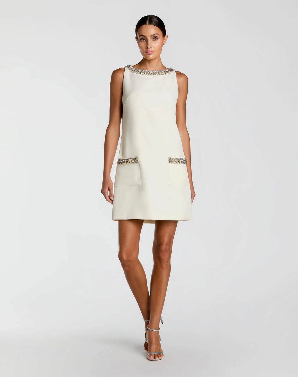 Ivory Sleeveless Shift Mini Dress with Rhinestone Trim