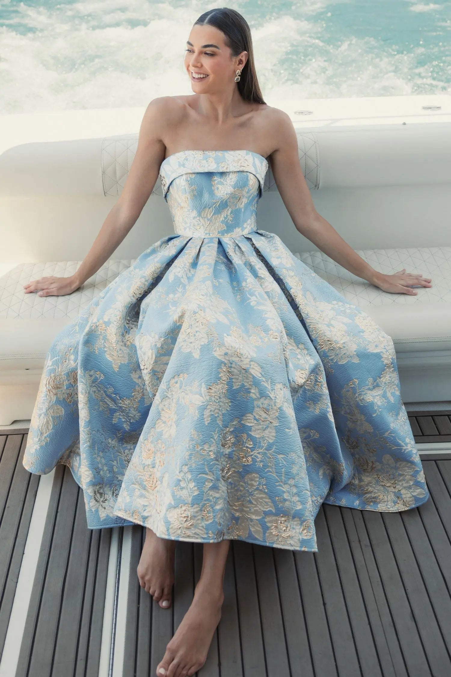 Light Blue Strapless Brocade Midi Dress With Pockets