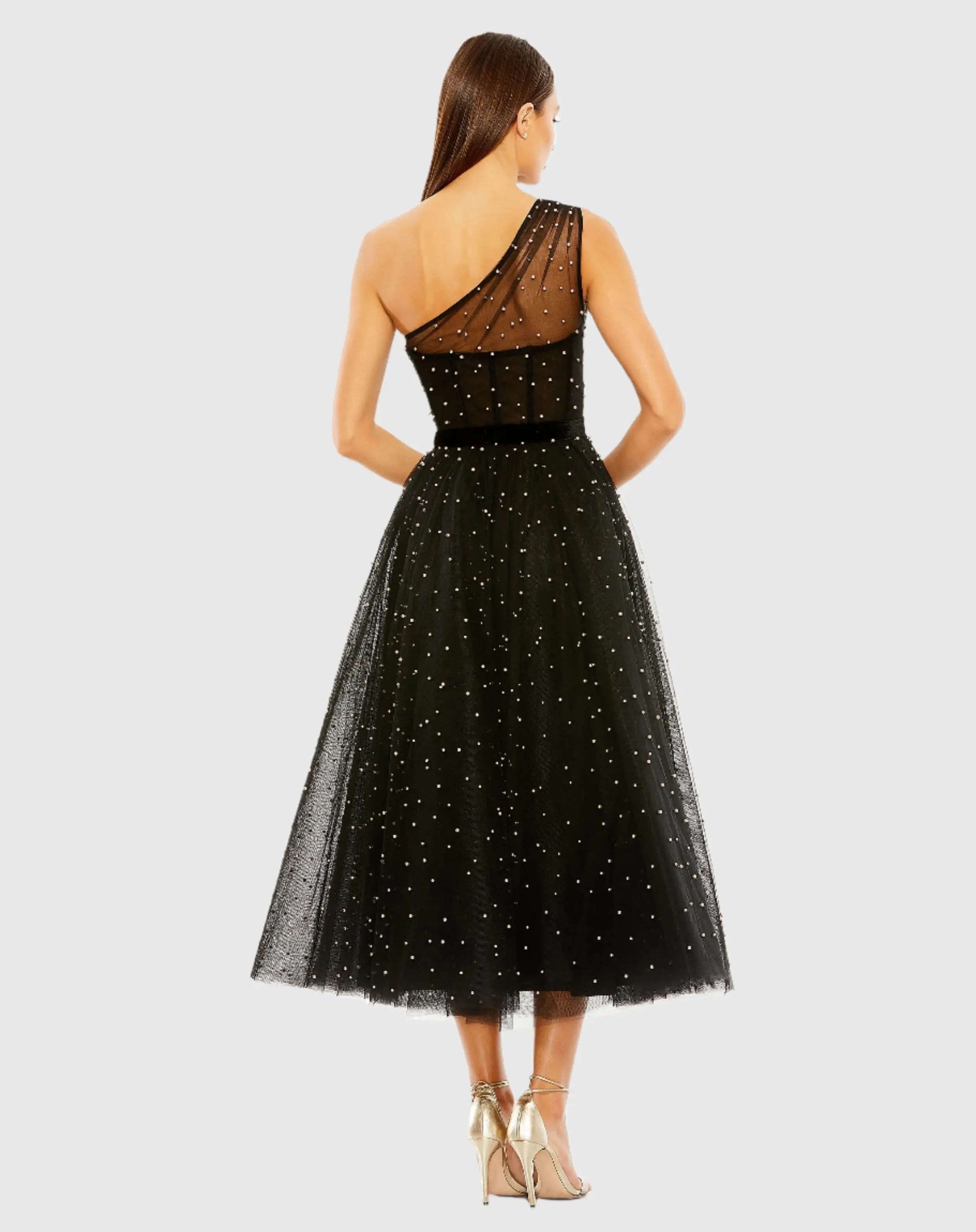 Black One Shoulder Pearl Beaded Midi Ball Gown