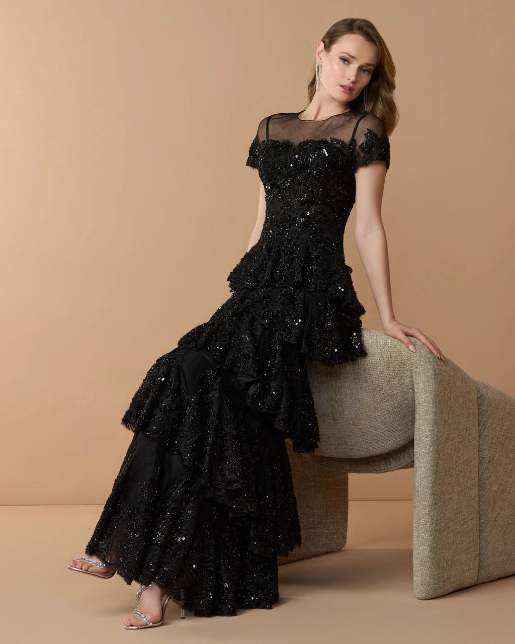 Black Embellished High Neck Gown With Tiered Ruffle Skirt