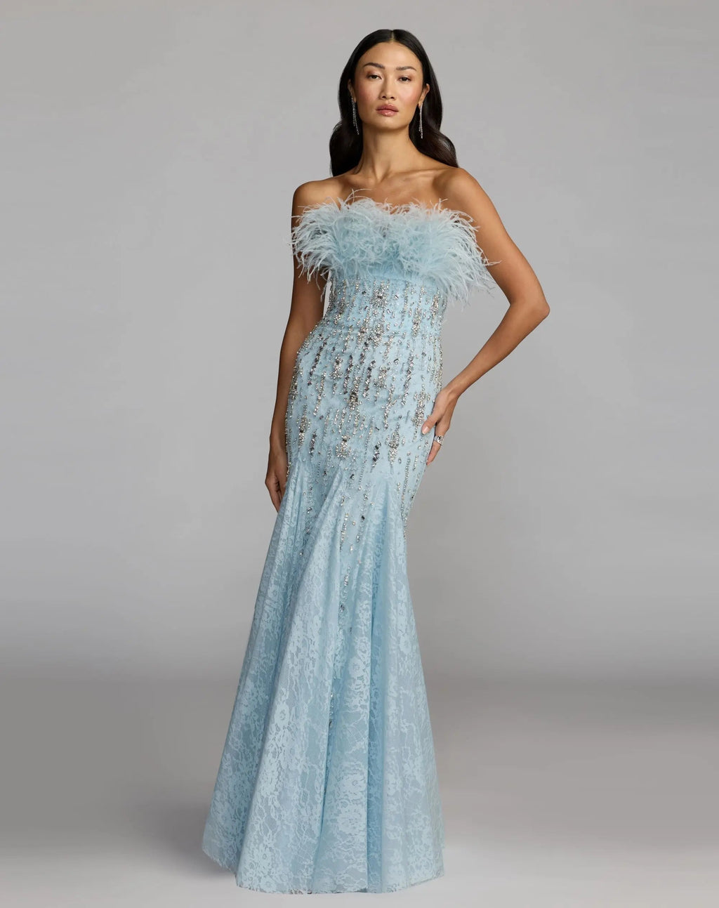 Blue Feather Embellished Strapless Mermaid Gown