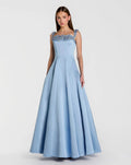 Blue Satin Ball Gown With 3D Embellished Flowers