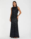 Navy Cowl Back Boat Neck Sequined Evening Gown
