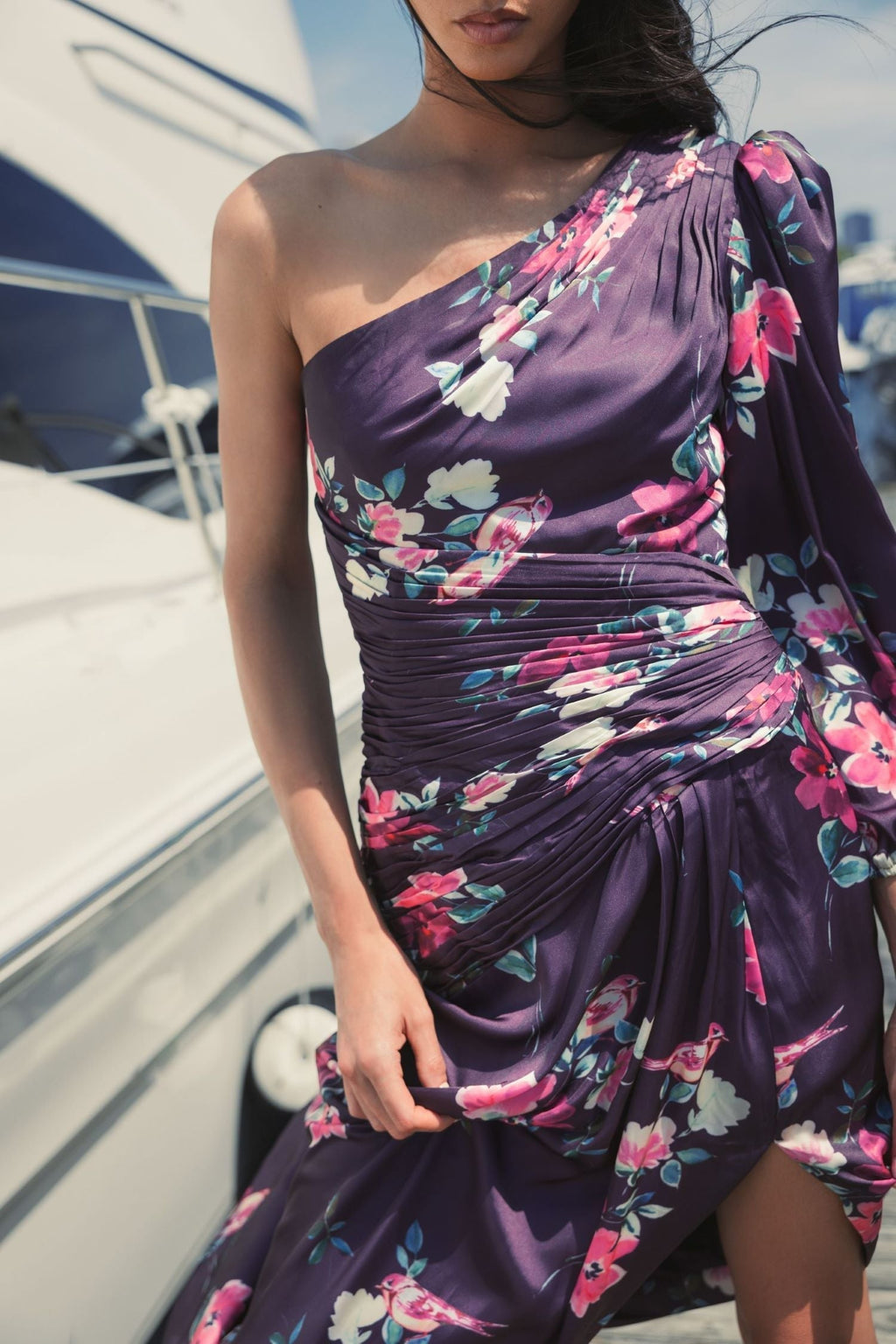 Purple One Sleeve Floral Print Charmeuse Gown With Slit