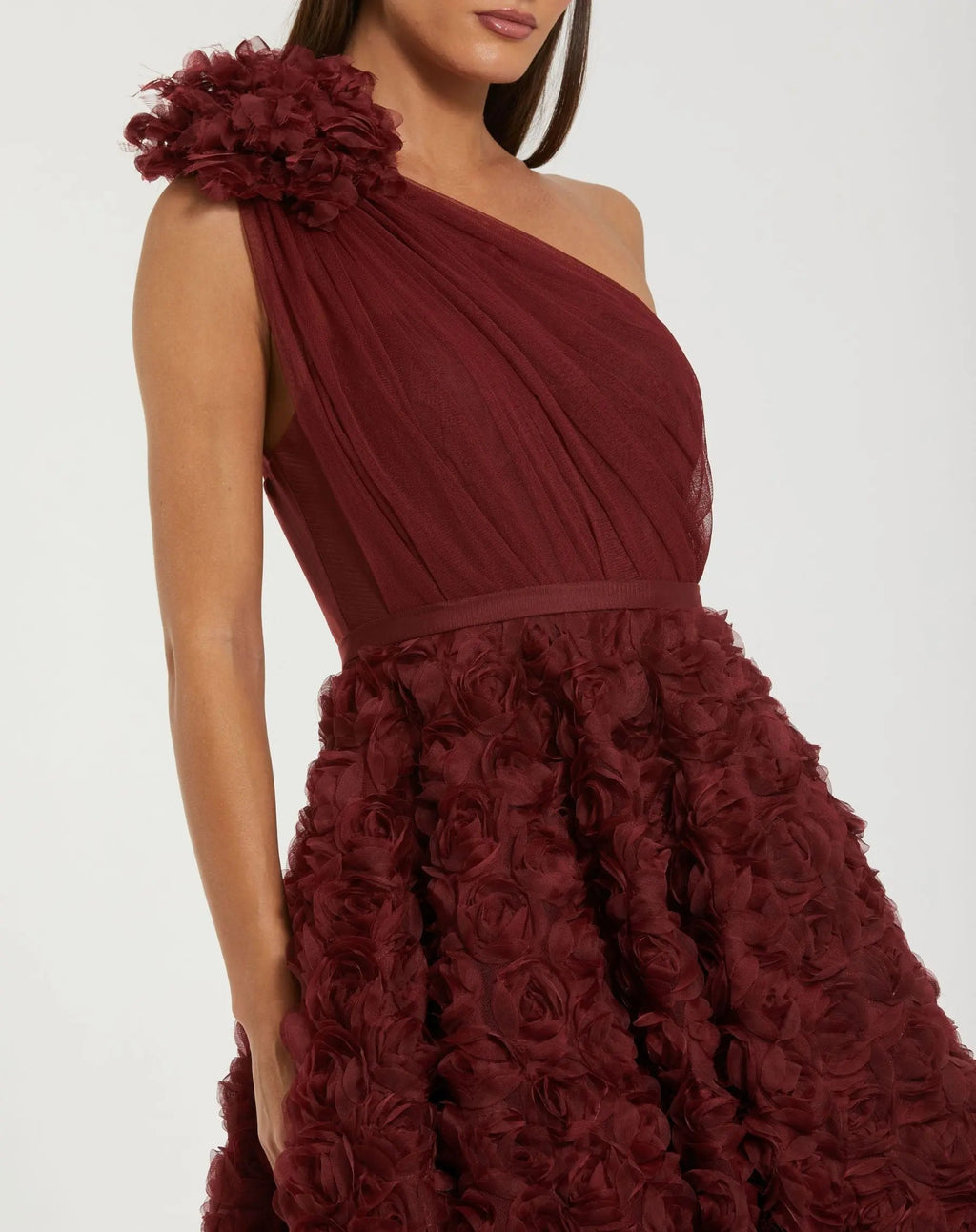 Red One Shoulder 3D Floral Rosette Midi Dress