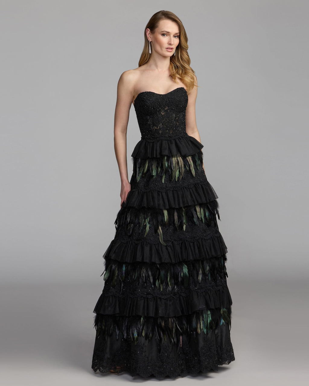 Black Strapless Sweetheart Lace Tiered Feather Ball Gown