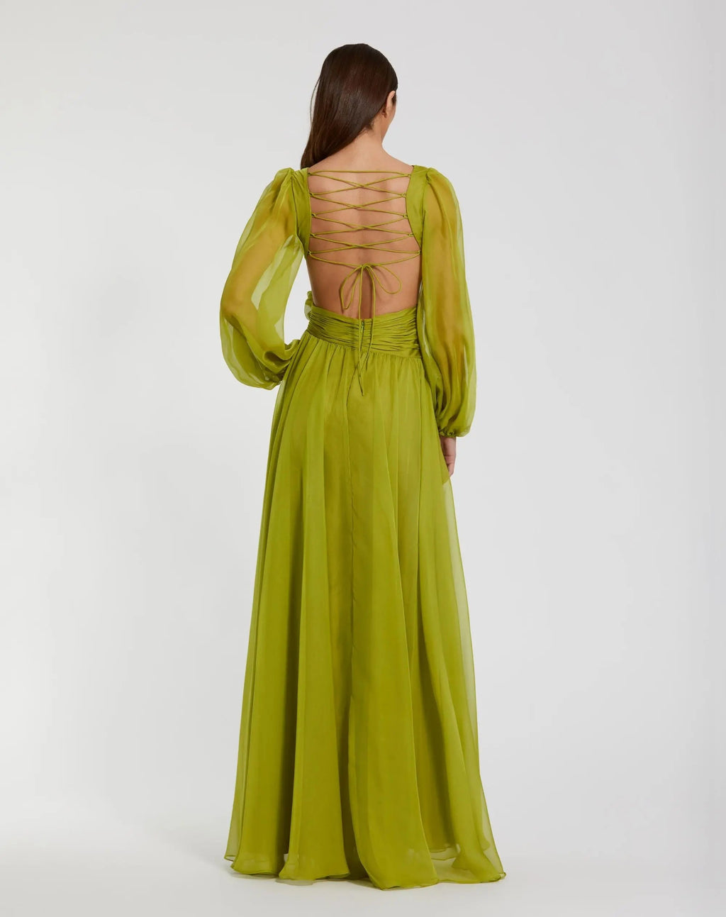 Green Long Sleeve V-Neck Chiffon Gown With 3D Flower