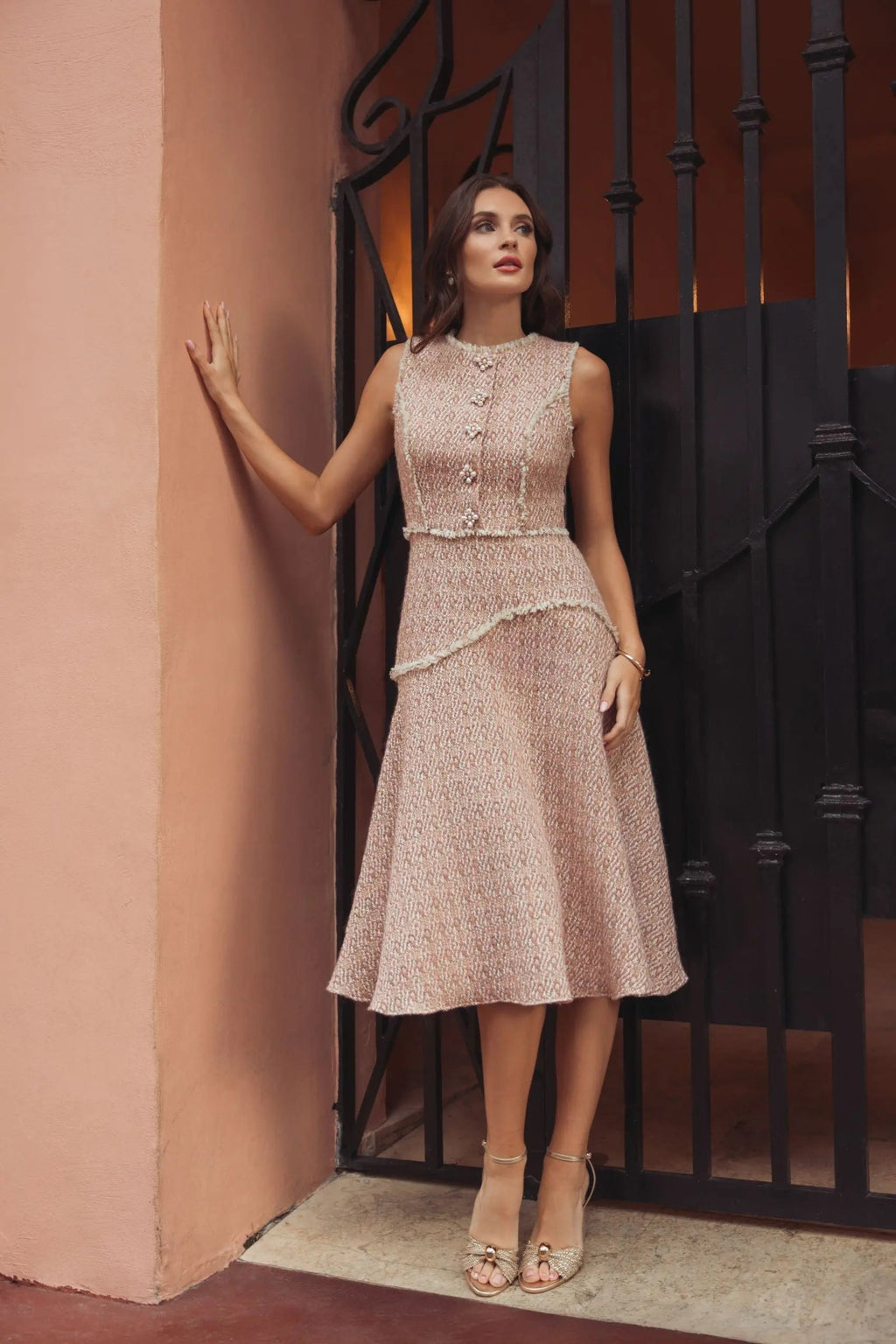 Light Pink Boucle Sleeveless Button Up Midi Dress