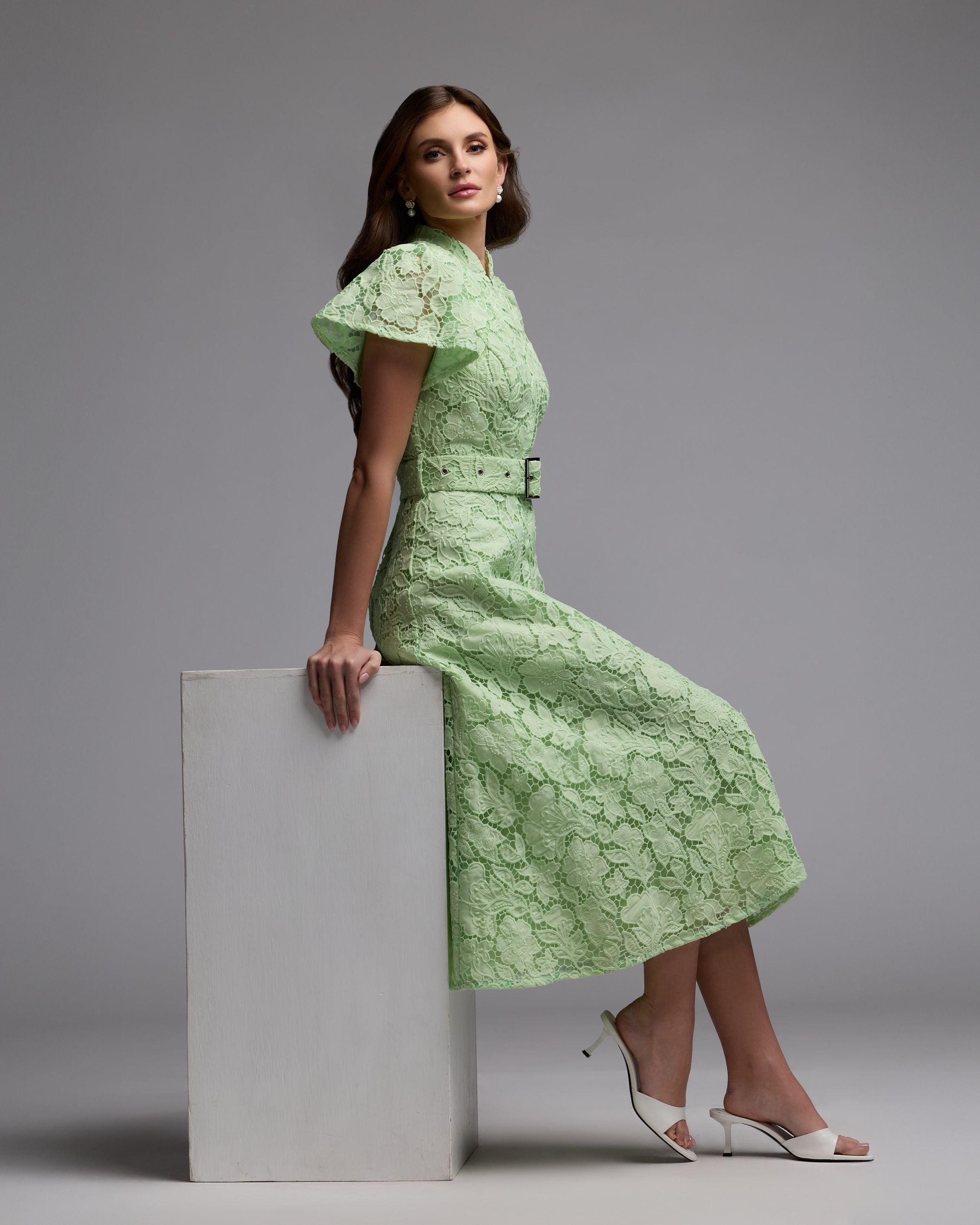 Green Embroidered Lace Belted Midi Dress