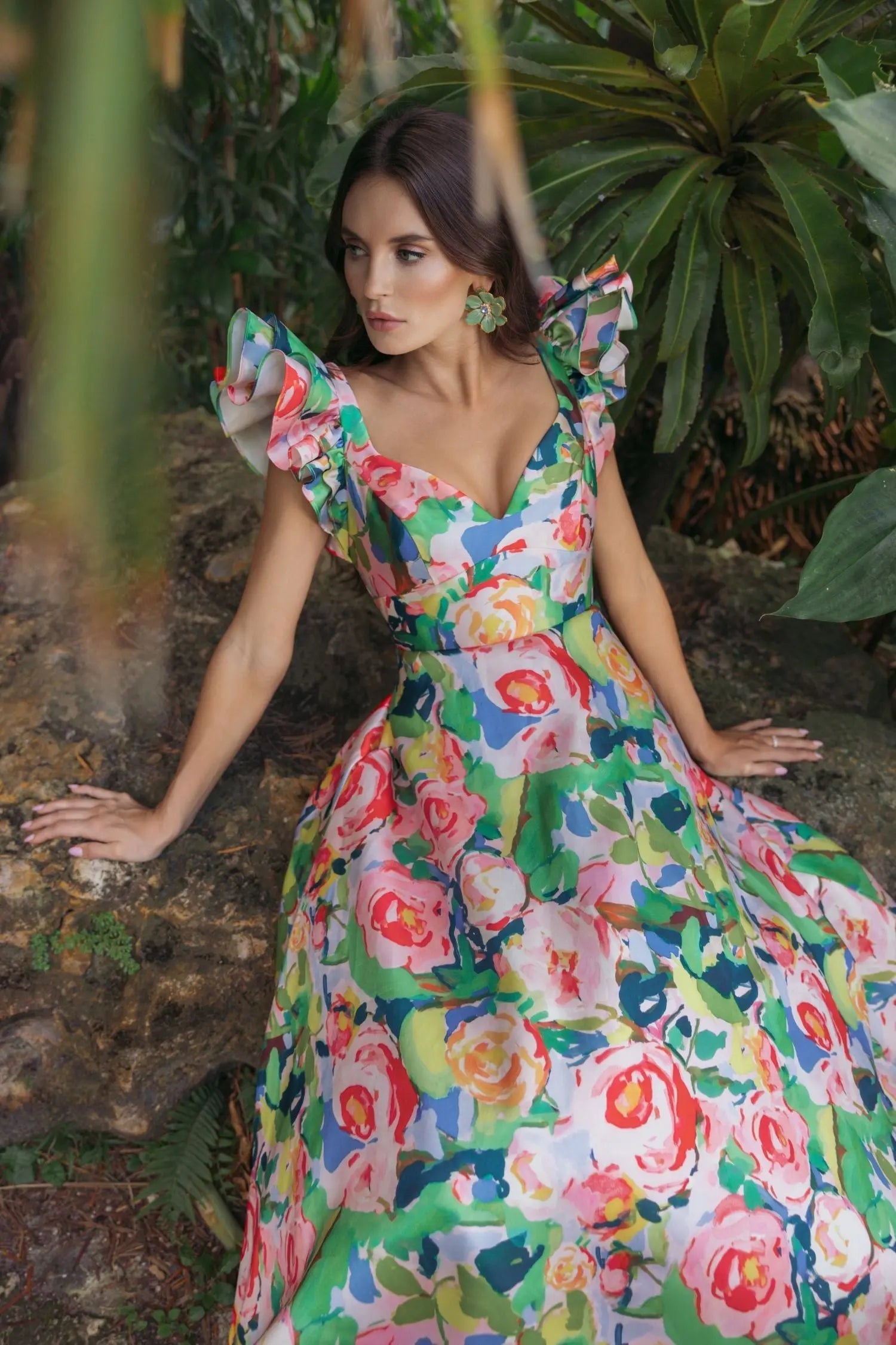 Multicolor Floral Ruffle Cap Sleeve Ball Gown