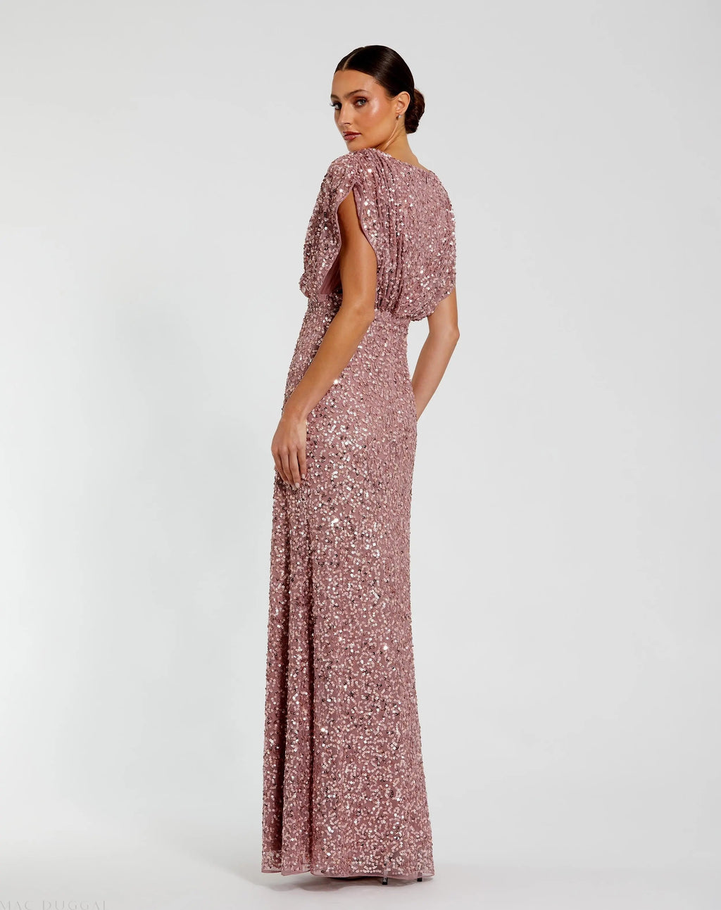 Purple Sequin Draped Sleeve V-Neck Gown