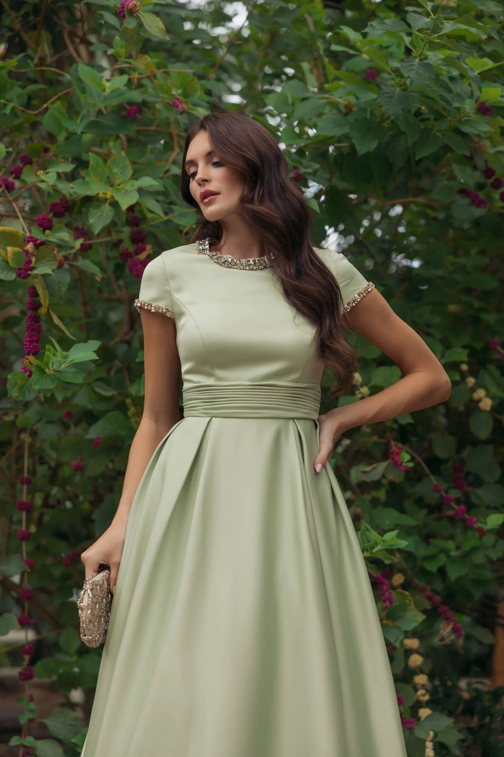 Green Embellished Satin Cap Sleeve Ball Gown