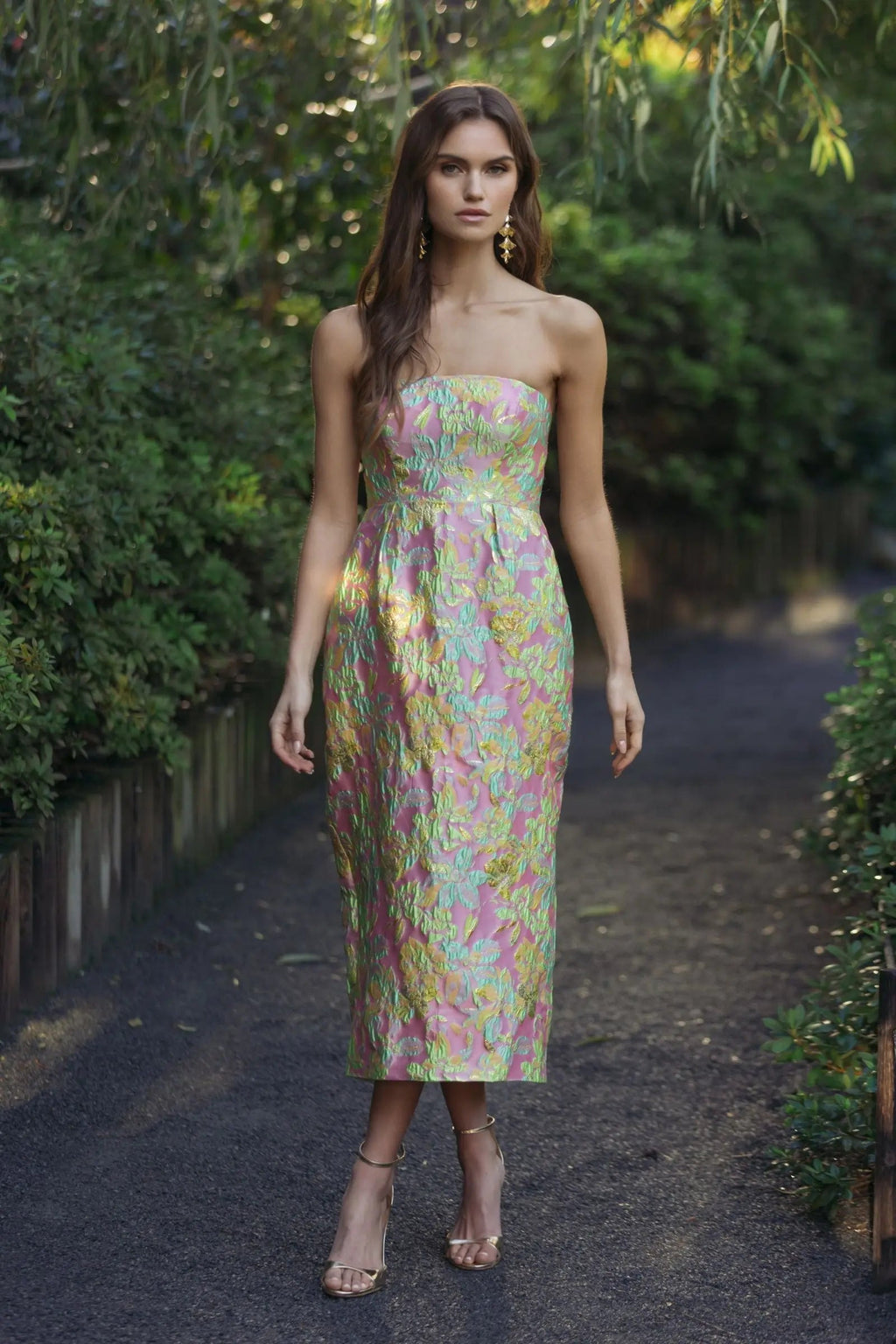 Multicolor Strapless Floral Brocade Midi Dress