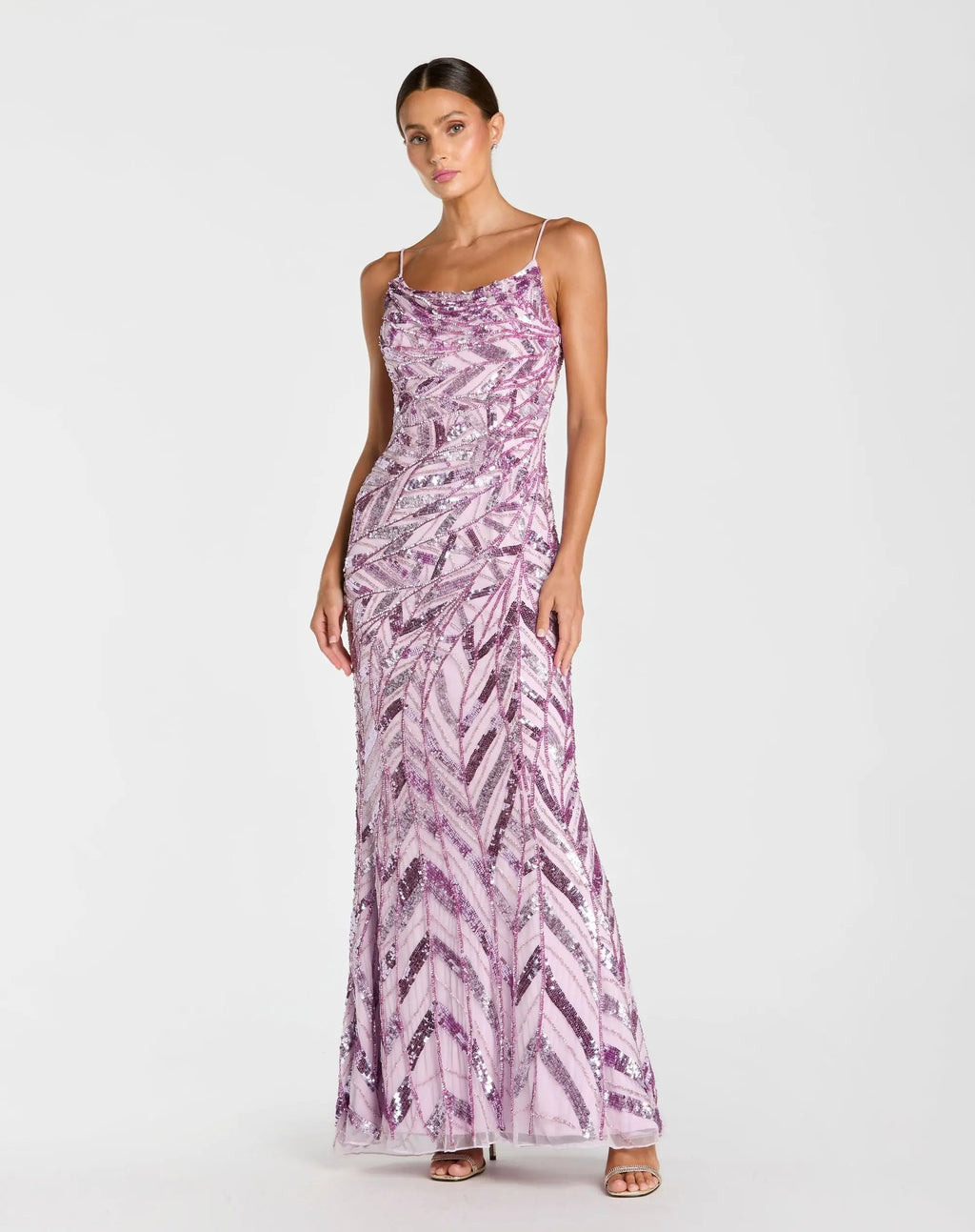 Purple Sleeveless Cowl Back Embellished Gown