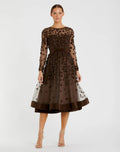 Brown Velvet Embellished Illusion Long Sleeve A-Line Midi Dress