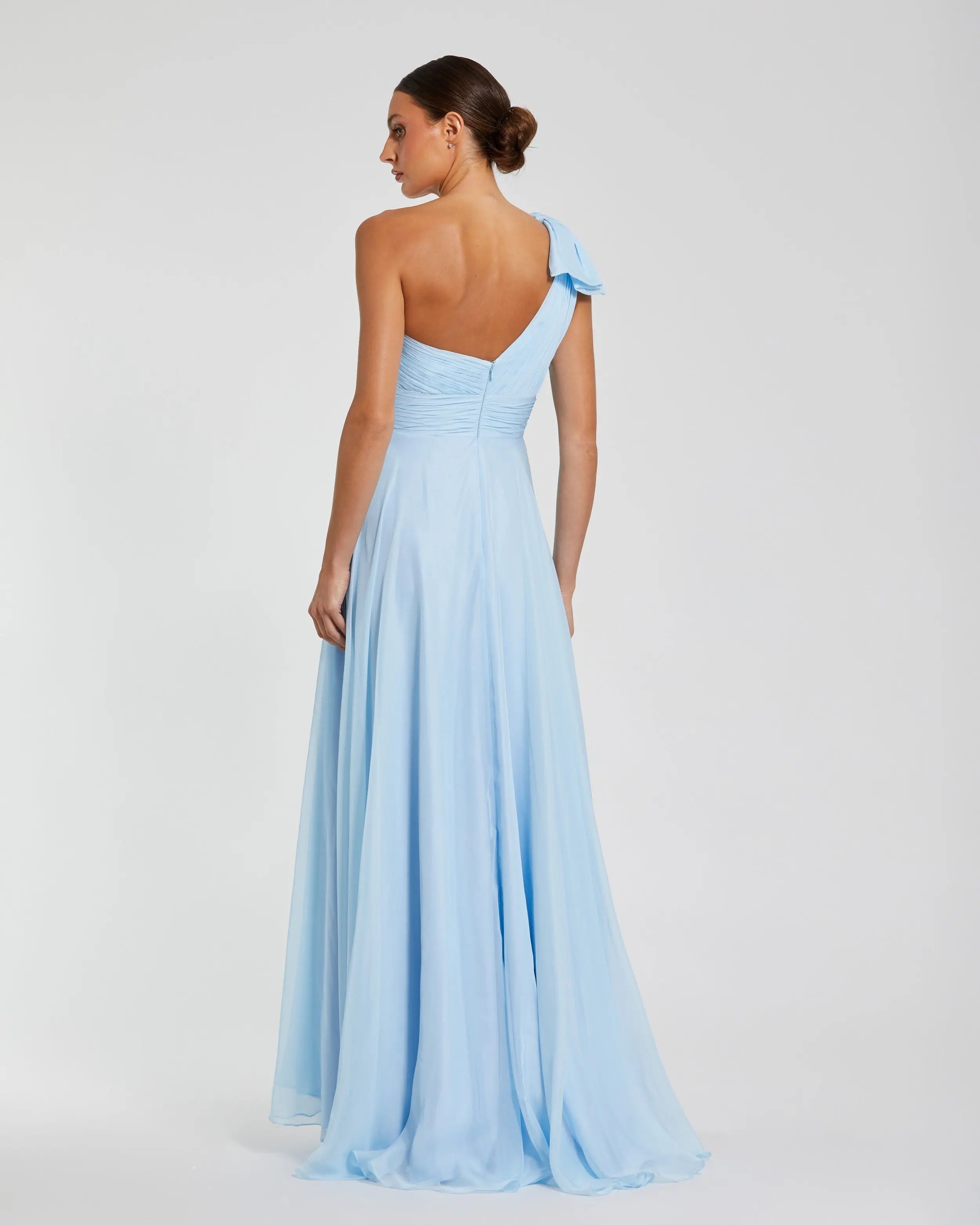 Blue One Shoulder Pleated Evening Gown with Bow