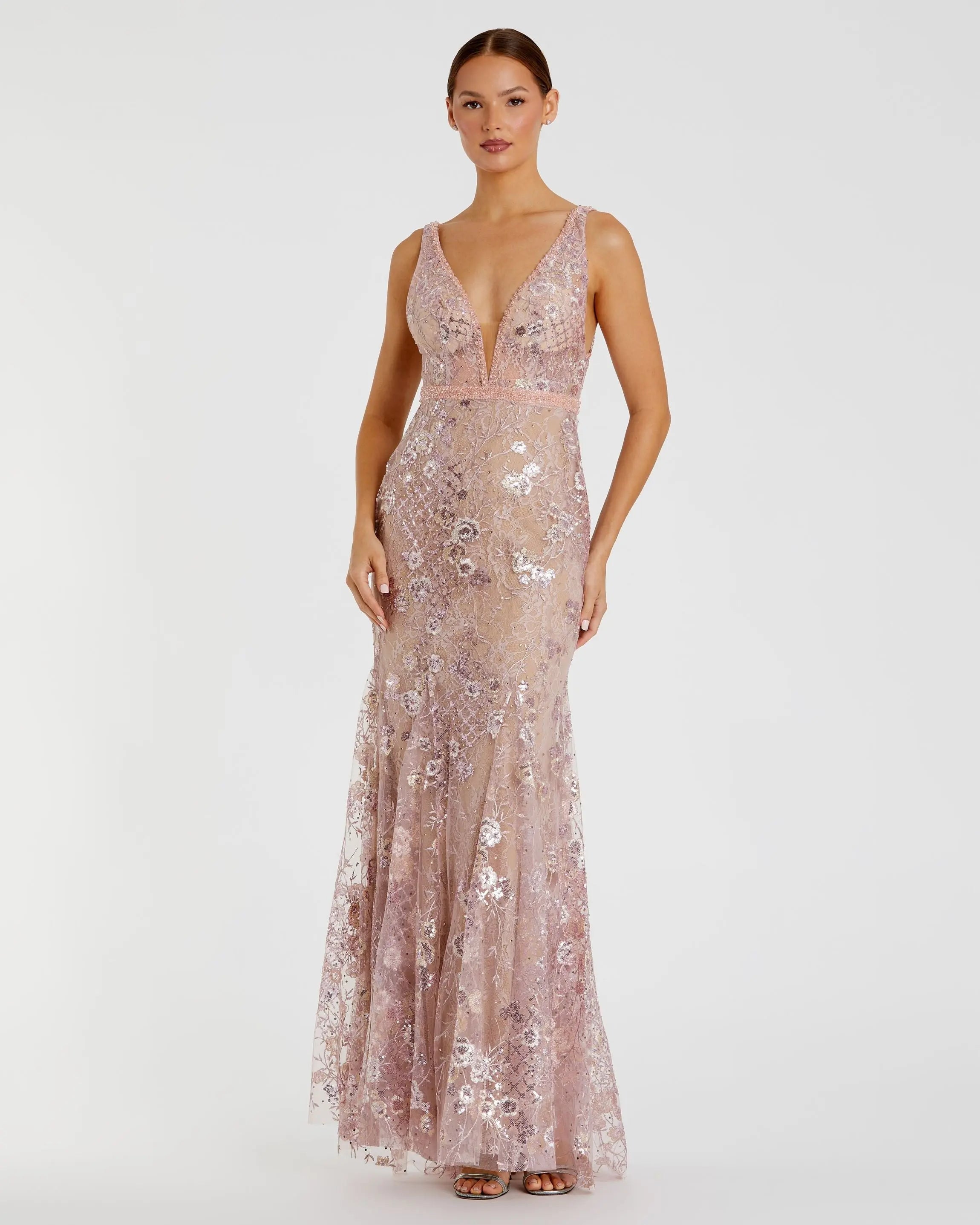 Pink Floral Embellished Sleeveless Plunge Neck Gown