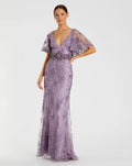 Purple Embellished Flutter Sleeve Evening Gown