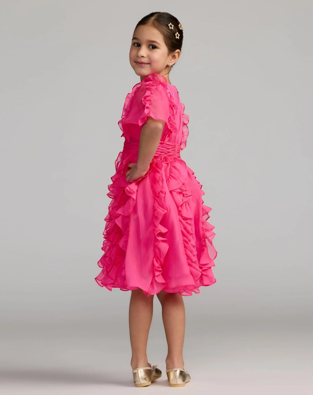 Girls Pink Chiffon High Neck Ruffle Dress