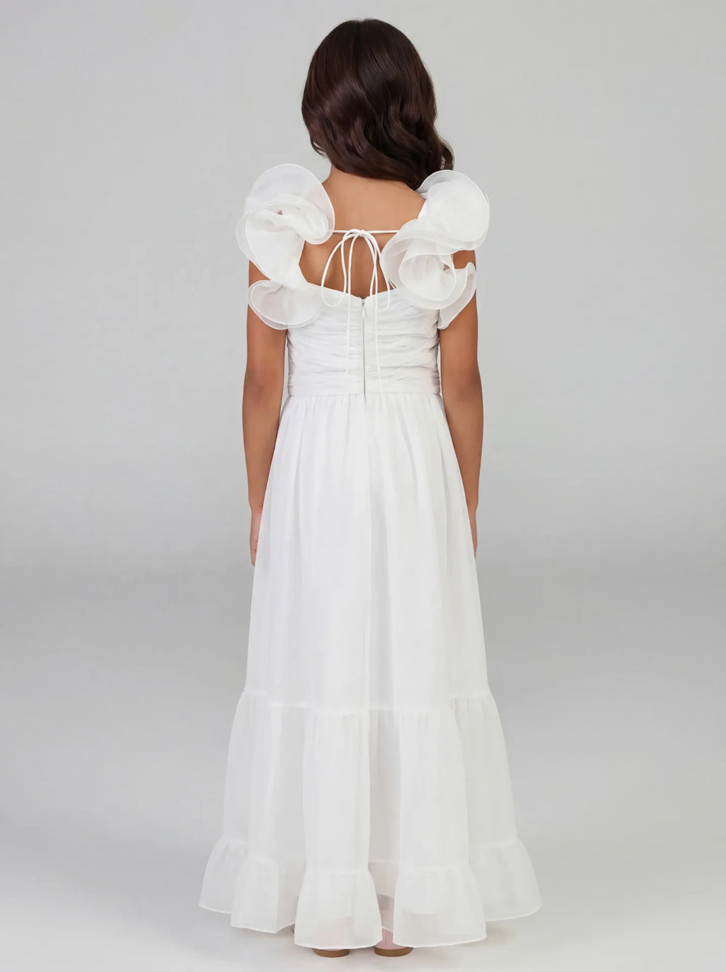 Girls White Chiffon Ruffle Shoulder Long Dress