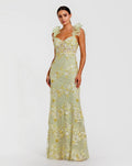 Green Embroidered Lace Floral Gown with Ruffle Straps