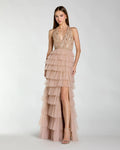 Beige Embellished Halter Neck Tiered Ruffle Gown