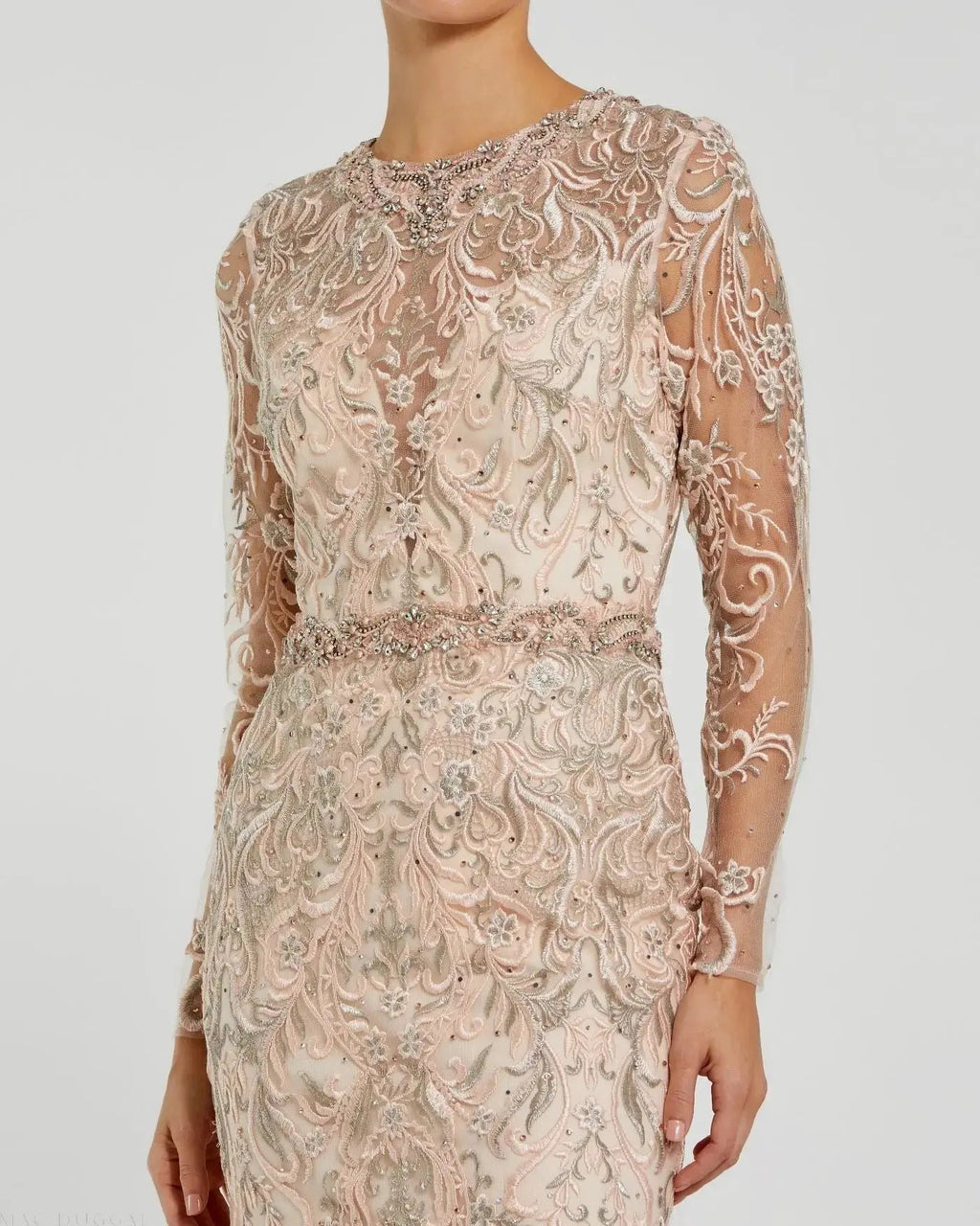 Pink Embroidered Long Sleeve Gown With Feather Hem