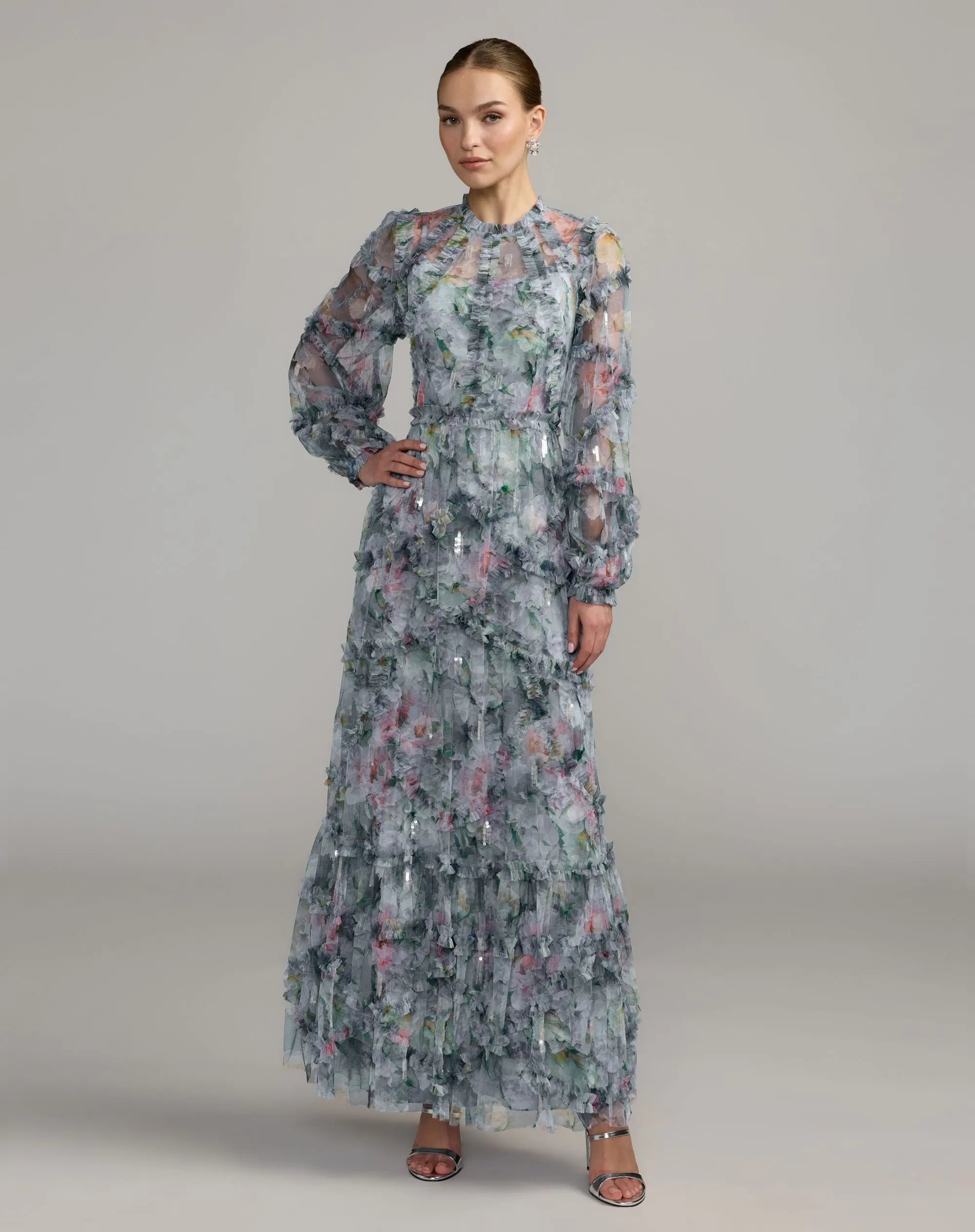 Blue Floral Long Sleeve High Neck Ruffle Maxi Dress