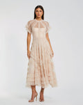 Pink Flutter Sleeve Micro Ruffle Midi Dress