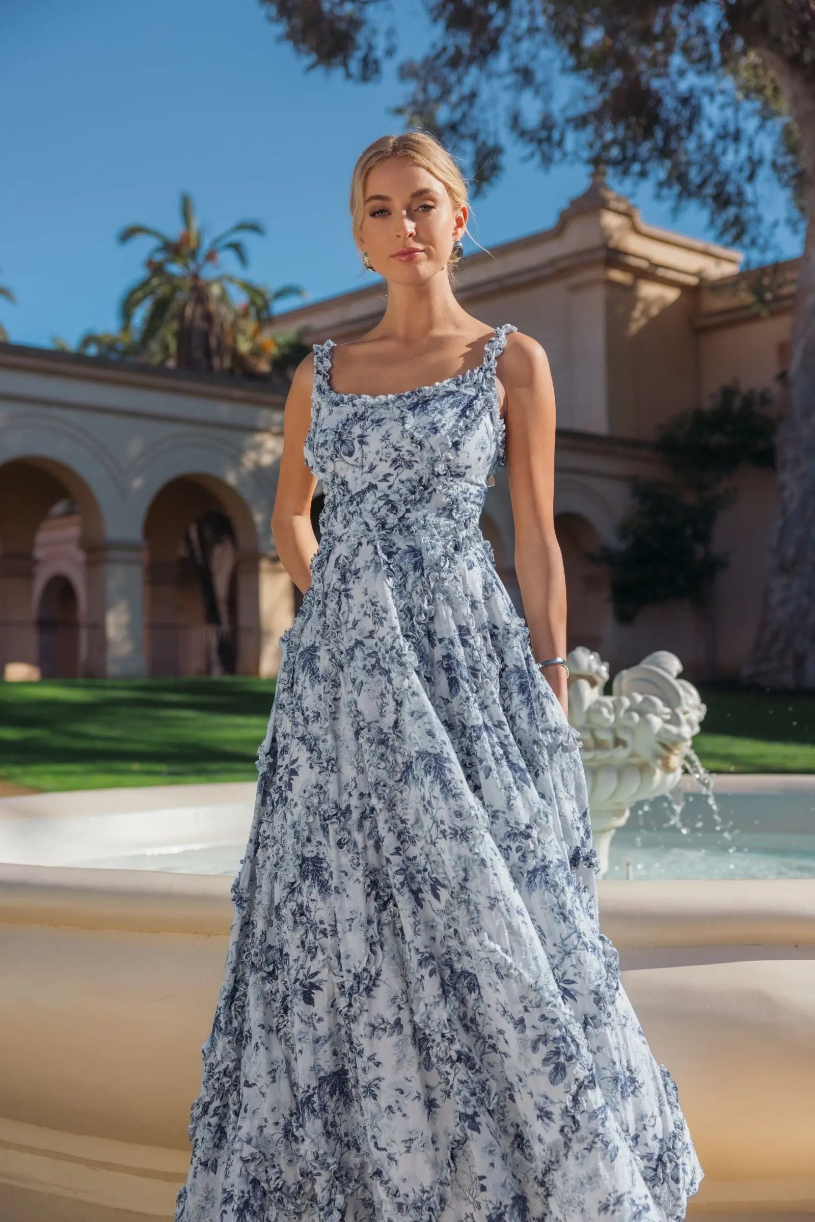 Blue and White Ruffle Scoop Neck Floral A-Line Dress
