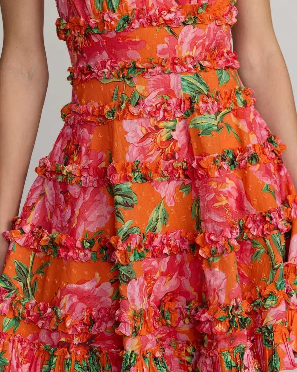 Orange Floral Square Neck Ruffled Cotton Mini Dress