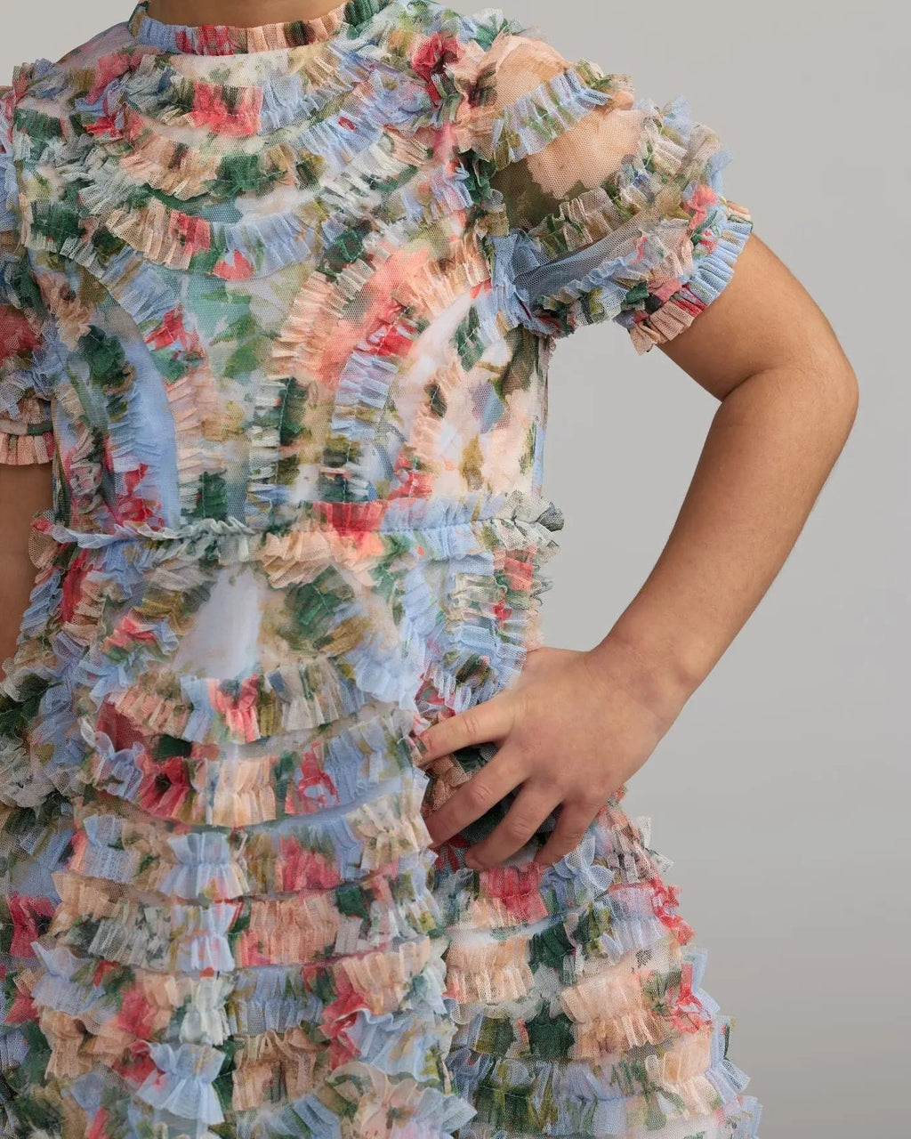 Girls Blue Floral Ruffle Puff Sleeve Dress