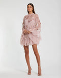 Pink Embellished Long Sleeve Trapeze Dress with Ruffle Hem