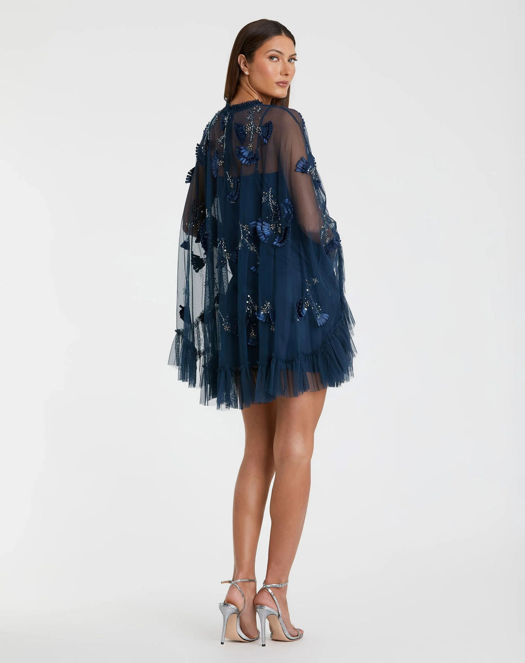 Navy Embellished Long Sleeve Trapeze Dress with Ruffle Hem
