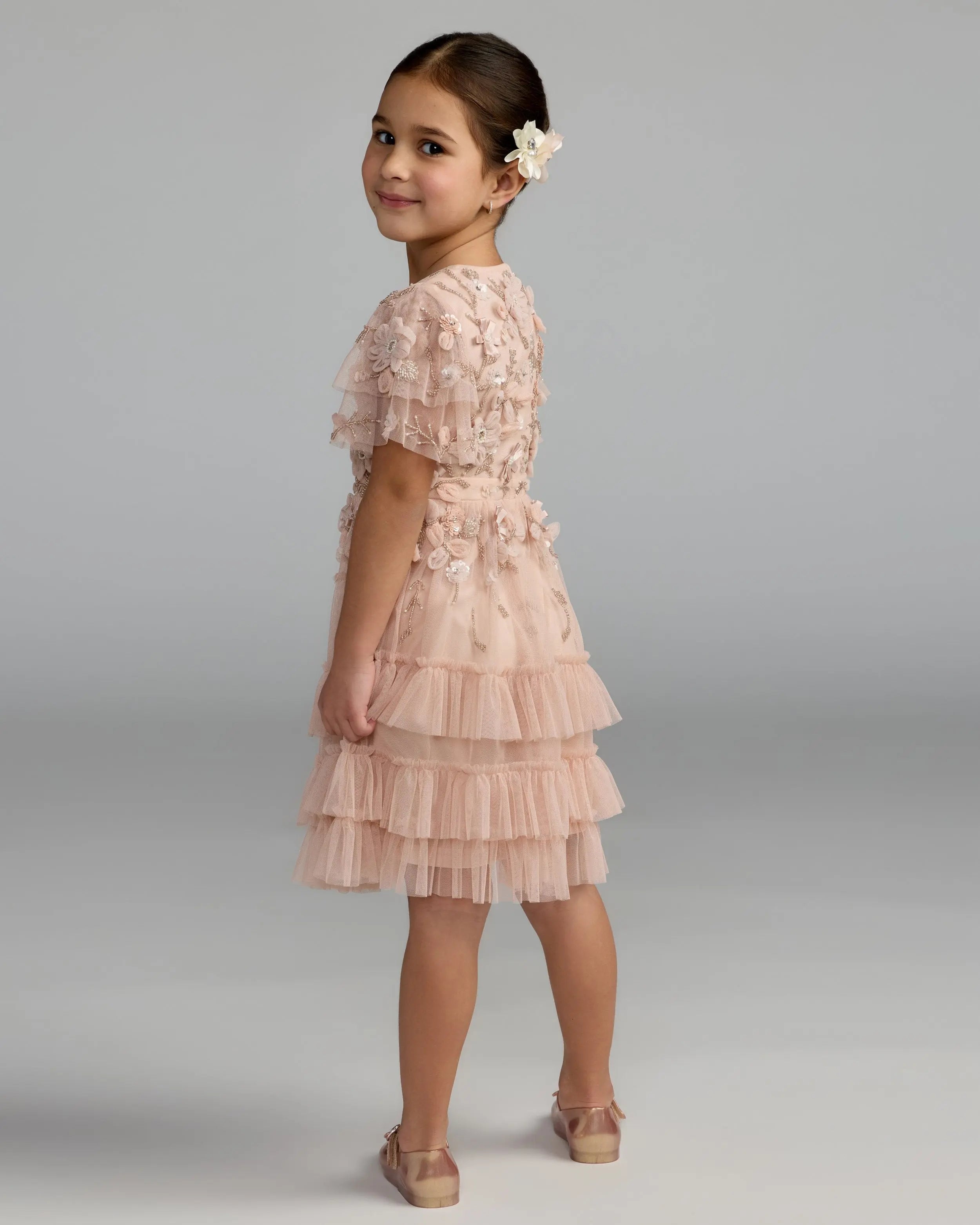 Girls Pink Embellished Flutter Sleeve Ruffle Gown