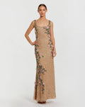 Beige Floral Beaded Mesh Scoop Neck Sleeveless Gown