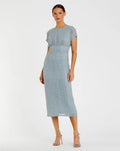 Blue Beaded Cap Sleeve Empire Waist Sheath Midi Dress