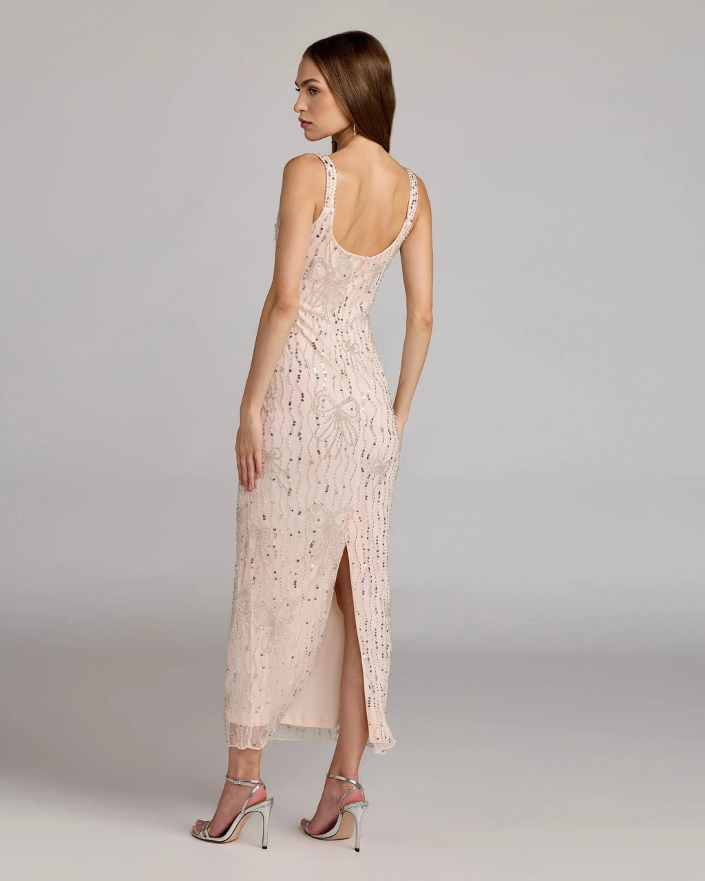 Pink Scoop Neck Embellished Dress With Bow Detail