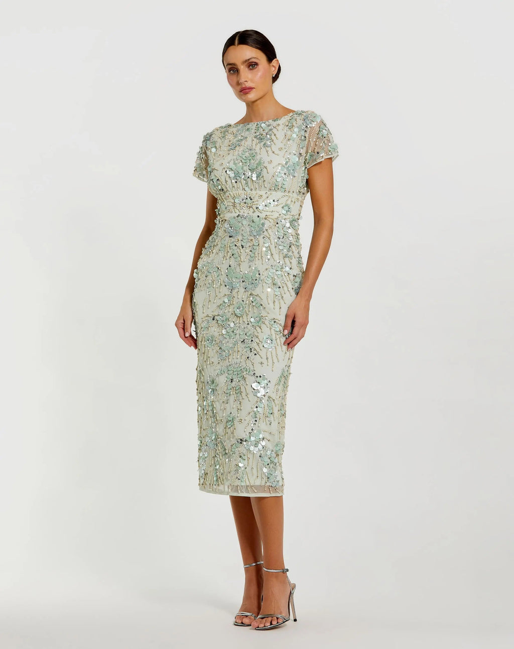 Green Embellished Cap Sleeve Midi Dress