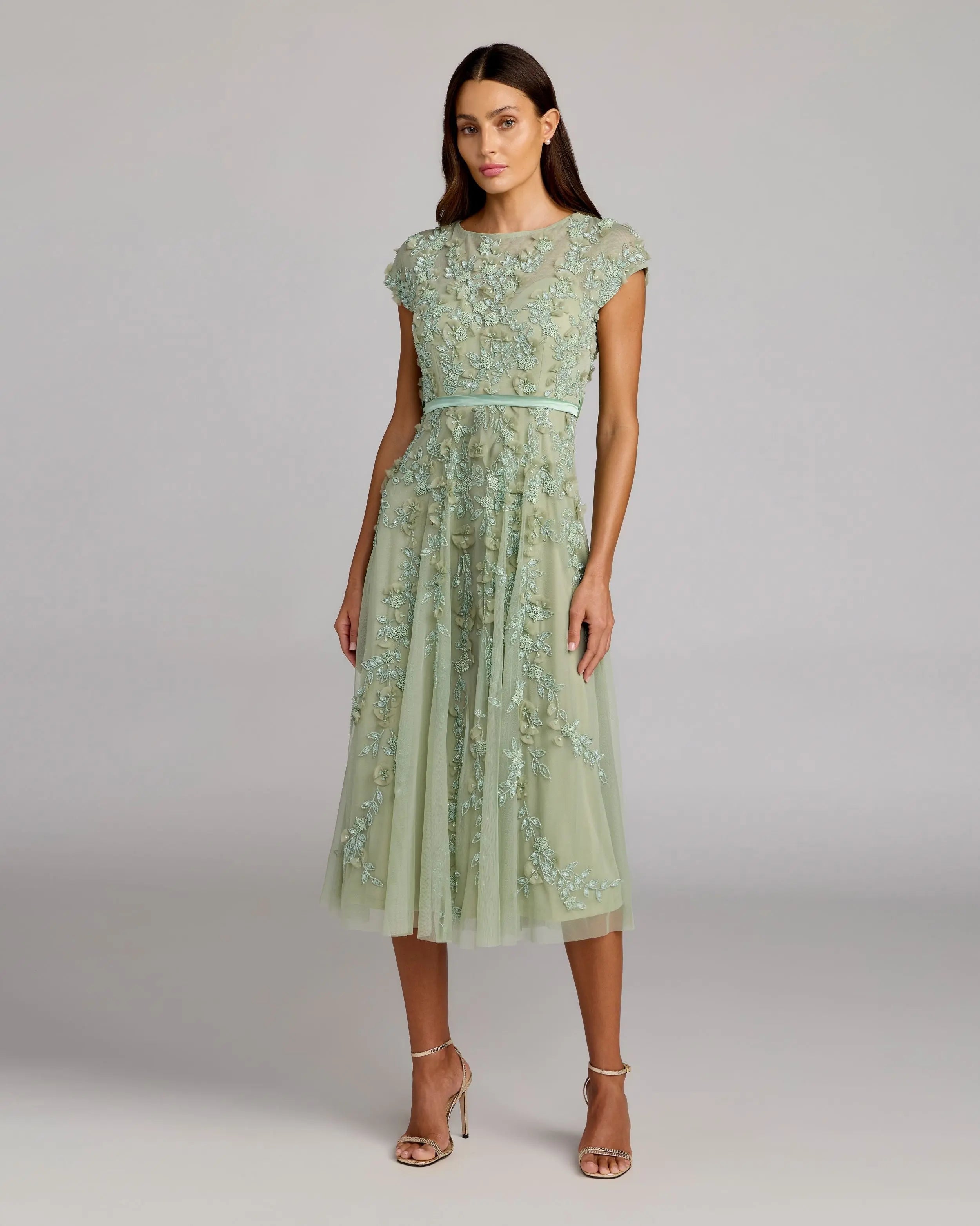 Green Floral Embellished Cap Sleeve Midi Dress