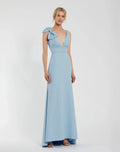 Petite Blue Sleeveless V Neck Bow Detail Mermaid Gown