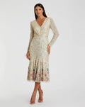 Gold Multicolor Faux Wrap Long Sleeve Tea Length Dress - FINAL SALE